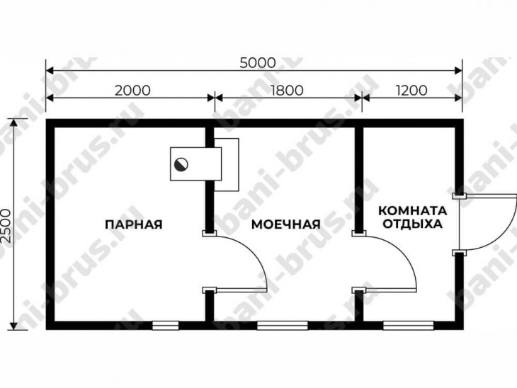 Проект каркасной бани Каменогорск, размер 5x2.5